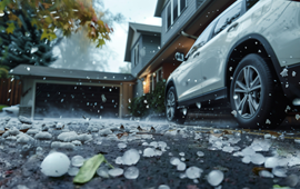 car with hail falling on the ground