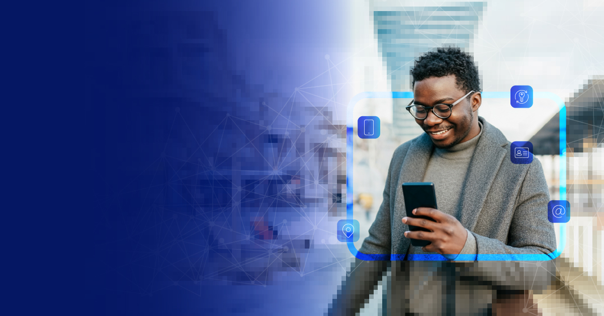 Person holding smartphone with digital icons for phone, email, location, and identity.