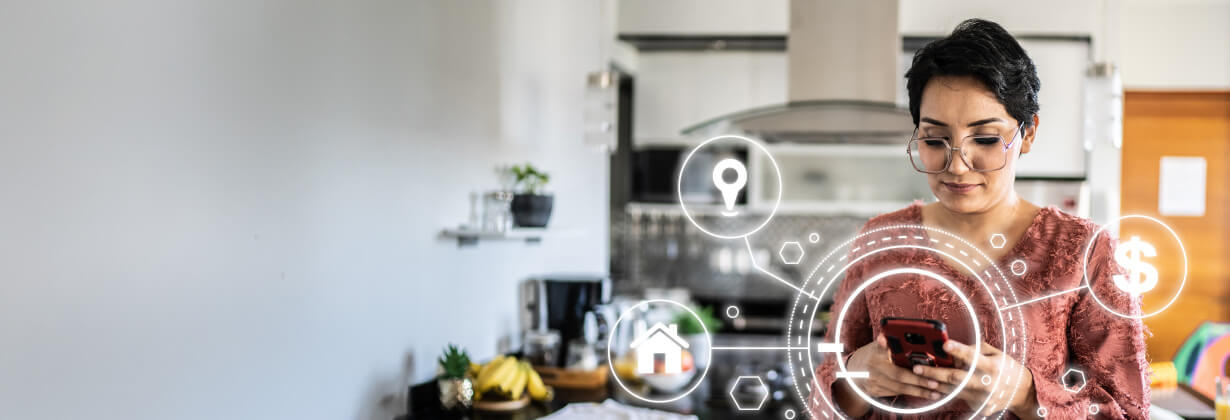 Women on phone with datapoints