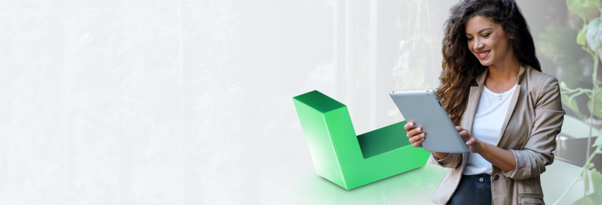 Person holding a tablet next to a green 3D arrow object