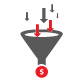 Arrows into a funnel and money going out