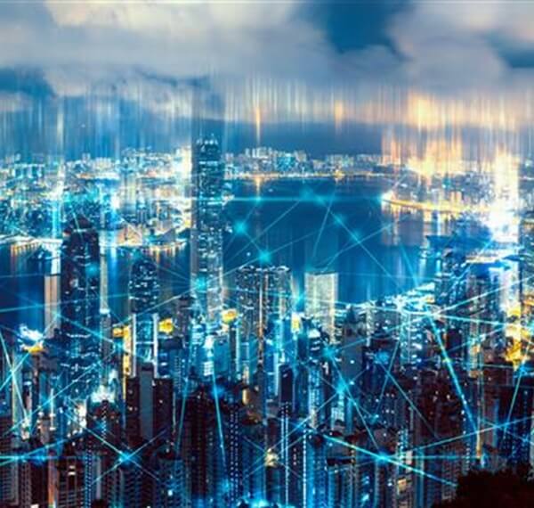 City skyline with data lines connecting buildings