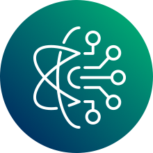 An atom combined with circuit lines on a blue‑green circle