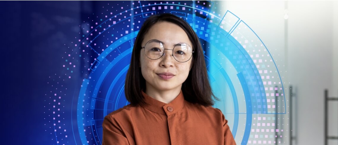 Person standing with circular graphic in background