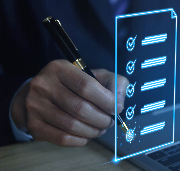 Man's hand checking off items on a virtual list