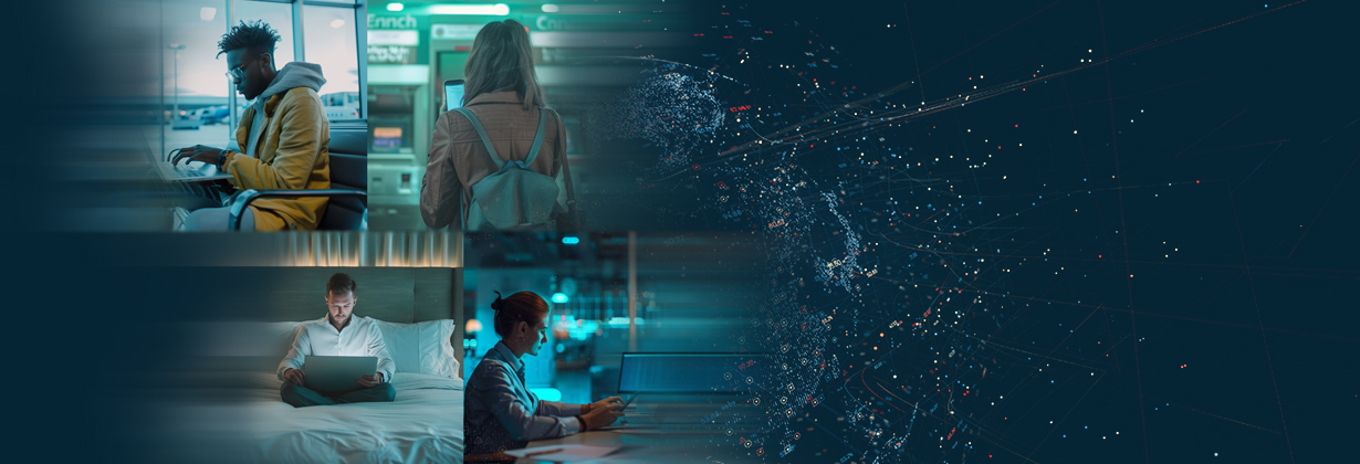 Four people on devices overlayed on world graphic