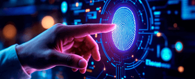 A finger pointing at a blue fingerprint