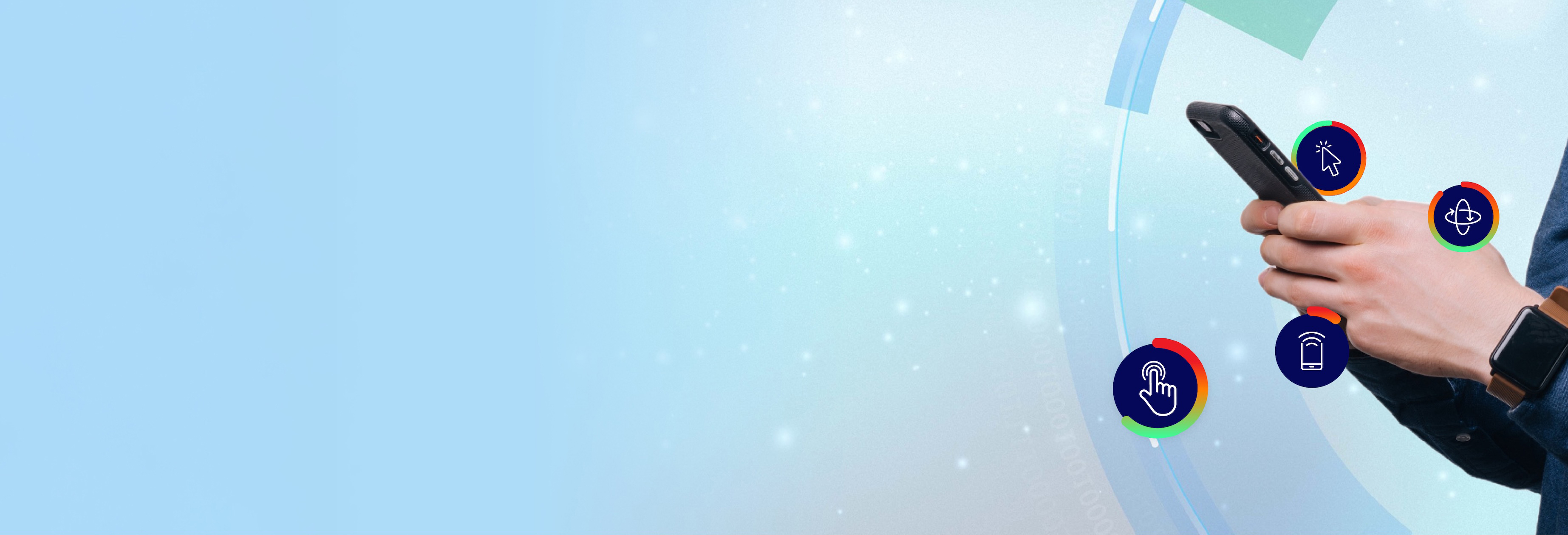   	Hands holding mobile device with behavioral intelligence icons surrounding it